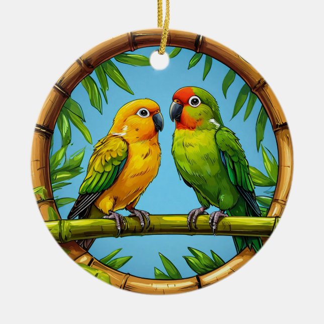 Colourful Parrots Perched on a Bamboo Frame Ceramic Ornament (Front)