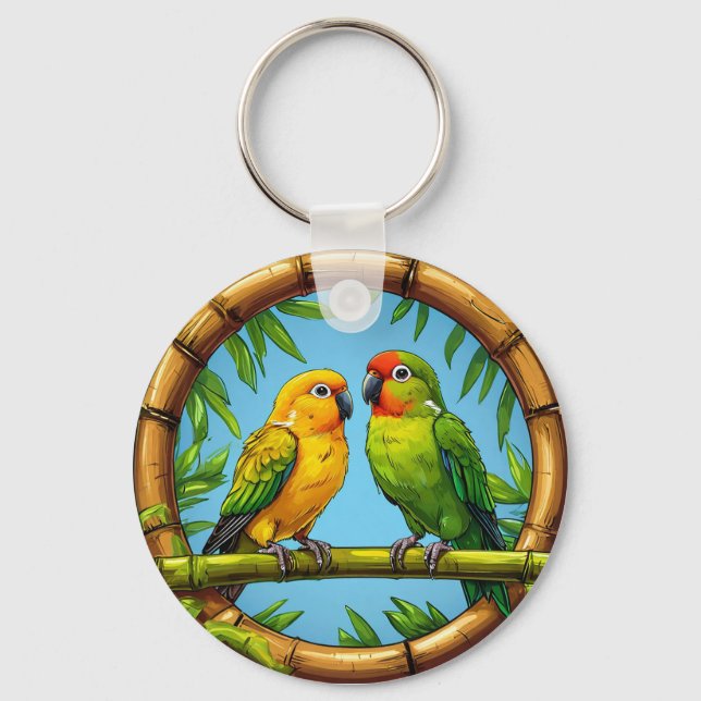 Colourful Parrots Perched on a Bamboo Frame Key Ring (Front)