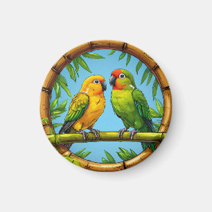 Colourful Parrots Perched on a Bamboo Frame Magnet
