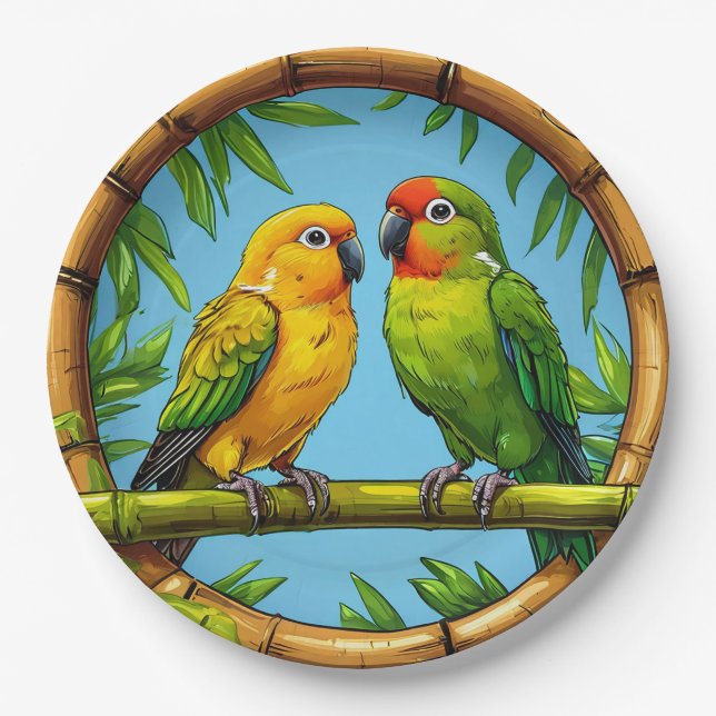 Colourful Parrots Perched on a Bamboo Frame Paper Plate (Front)