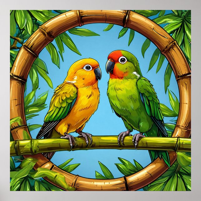 Colourful Parrots Perched on a Bamboo Frame Poster (Front)