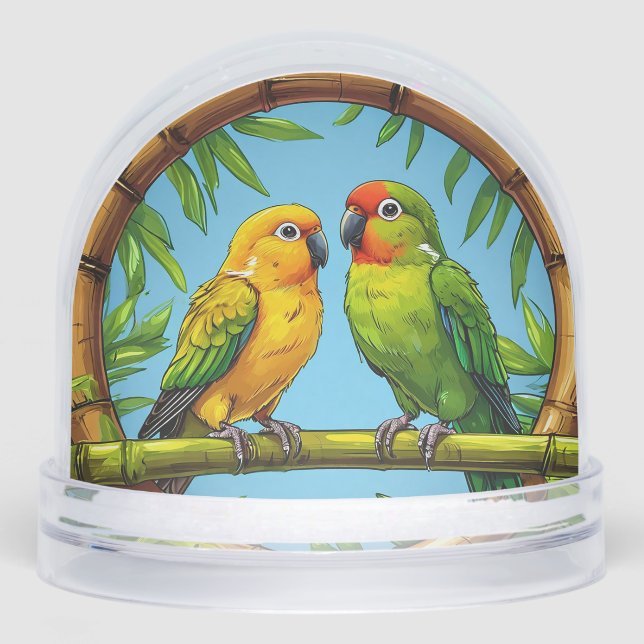 Colourful Parrots Perched on a Bamboo Frame Snowglobe (Front)