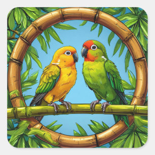 Colourful Parrots Perched on a Bamboo Frame Square Sticker