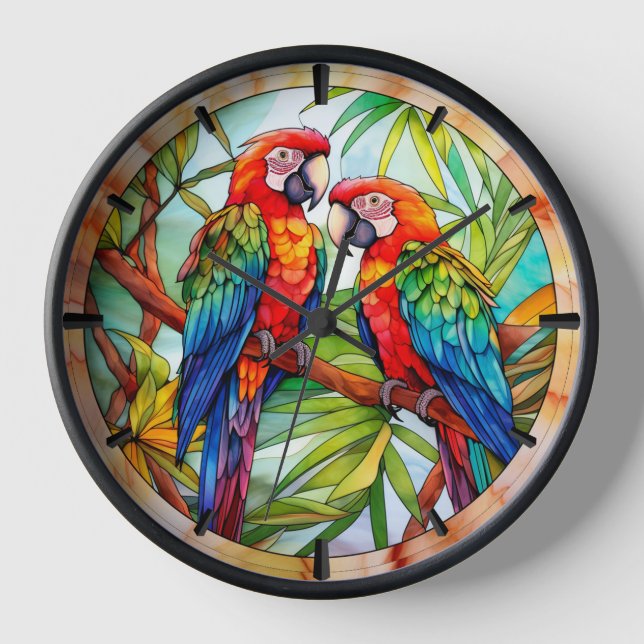 Colourful Parrots Stained Glass Clock (Front)