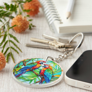 Colourful Parrots Stained Glass Key Ring