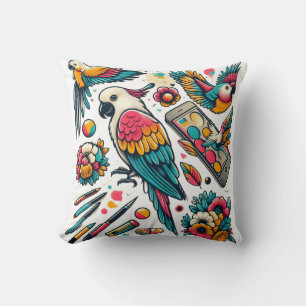 Colourful Parrots Tropical Art Cushion