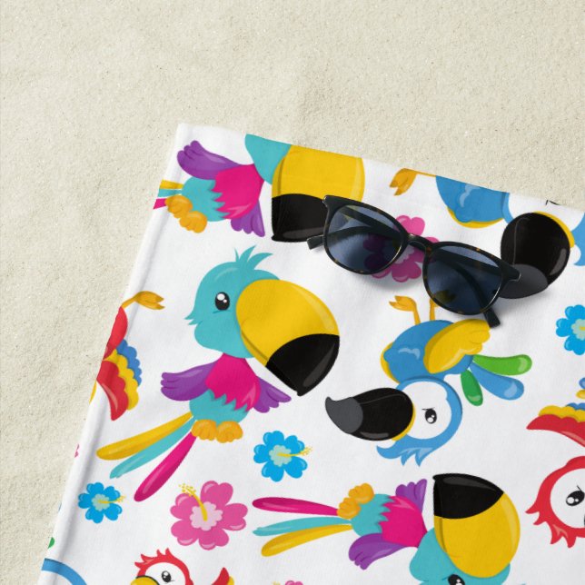 Colourful Parrots, Tropical Parrots, Birds, Flower Beach Towel (In Situ)