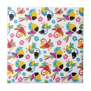 Colourful Parrots, Tropical Parrots, Birds, Flower Ceramic Tile