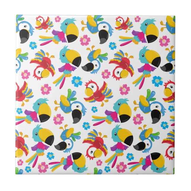 Colourful Parrots, Tropical Parrots, Birds, Flower Ceramic Tile (Front)