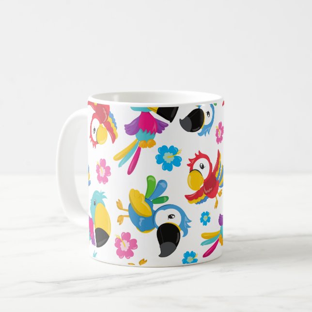 Colourful Parrots, Tropical Parrots, Birds, Flower Coffee Mug (Front Left)