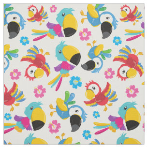 Colourful Parrots, Tropical Parrots, Birds, Flower Fabric