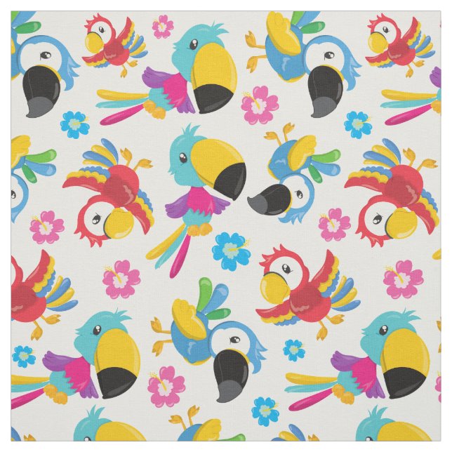 Colourful Parrots, Tropical Parrots, Birds, Flower Fabric (Swatch)