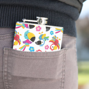 Colourful Parrots, Tropical Parrots, Birds, Flower Hip Flask
