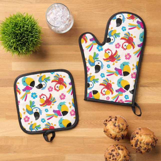 Colourful Parrots, Tropical Parrots, Birds, Flower Oven Mitt & Pot Holder Set (Top Down)