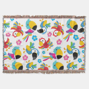Colourful Parrots, Tropical Parrots, Birds, Flower Throw Blanket