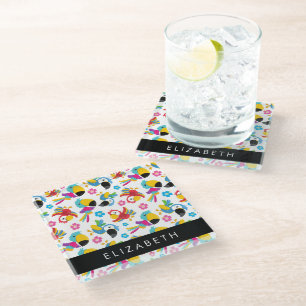 Colourful Parrots, Tropical Parrots, Your Name Glass Coaster