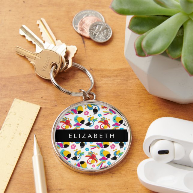 Colourful Parrots, Tropical Parrots, Your Name Key Ring (Desk)
