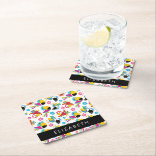 Colourful Parrots, Tropical Parrots, Your Name Square Paper Coaster