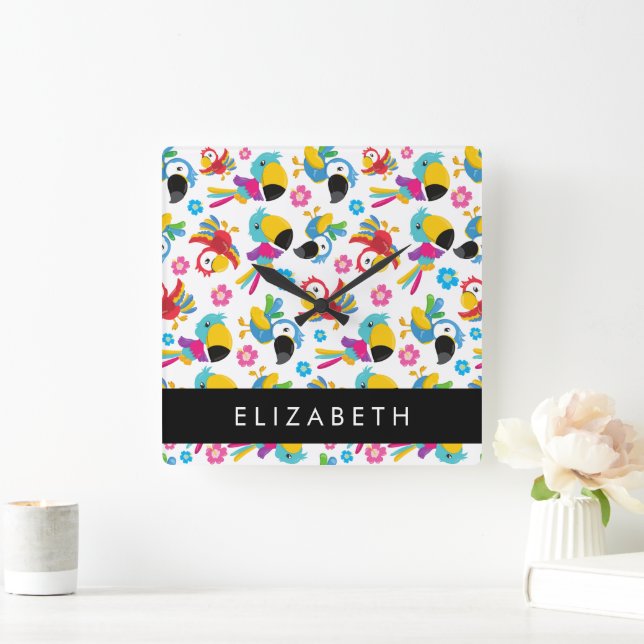 Colourful Parrots, Tropical Parrots, Your Name Square Wall Clock (Home)