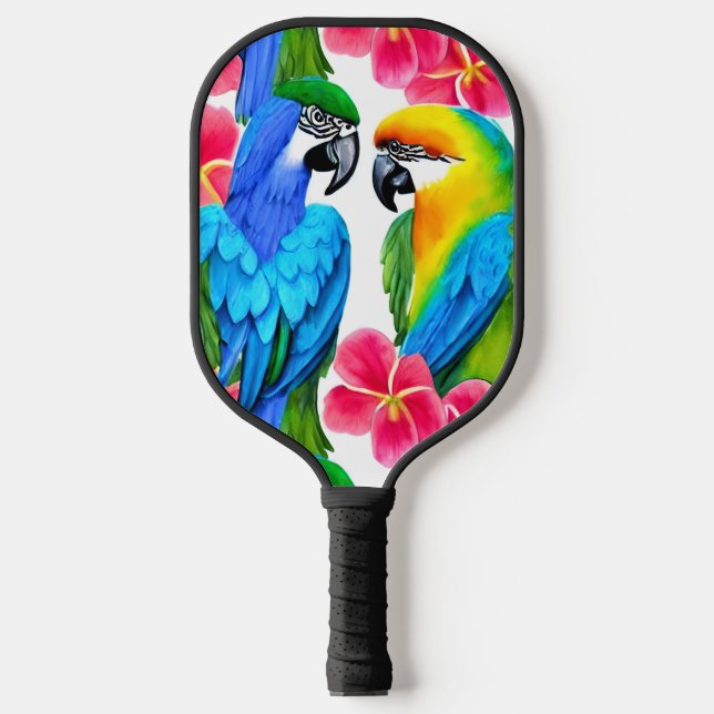 Colourful Parrots with Tropical Flowers Pickleball Paddle (Front)