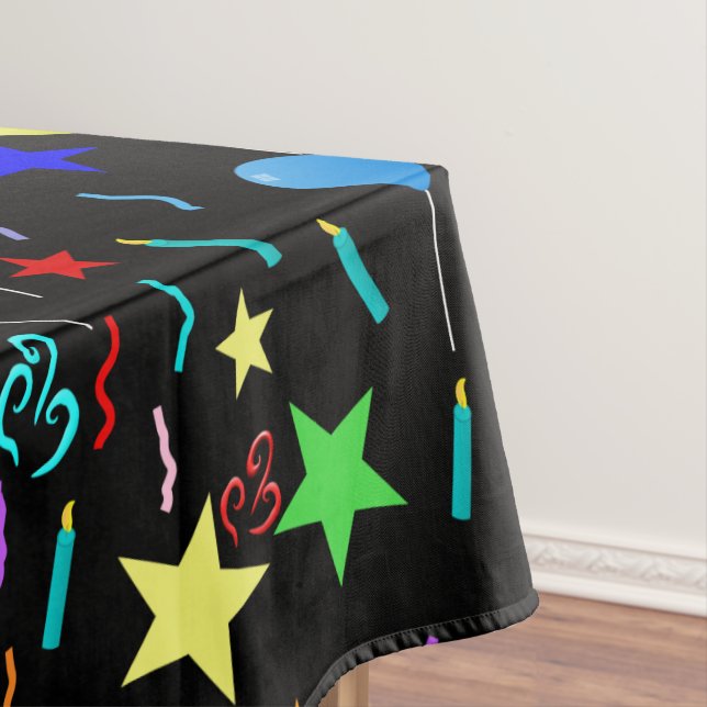 Colourful party balloons and stars tablecloth (In Situ)