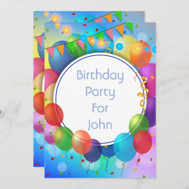 Colourful Party Balloons Invitation (Front/Back)