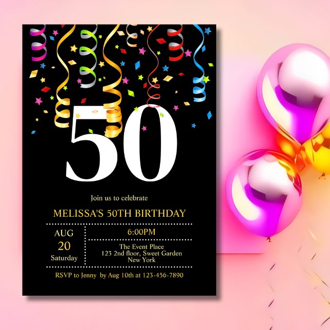 Colourful Party Confetti Ribbon Black Birthday  Invitation (Creator Uploaded)