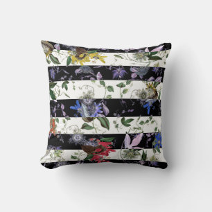 Colourful Passiflora on Black and White Stripes Cushion