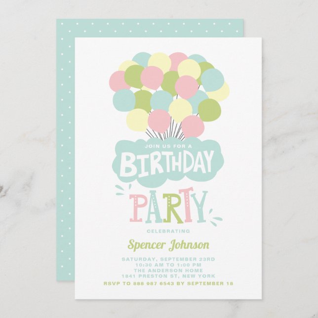 Colourful Pastel Balloons Kids Birthday Invitation (Front/Back)