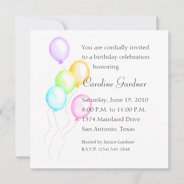 Colourful Pastel Birthday Balloons Invitation (Front)