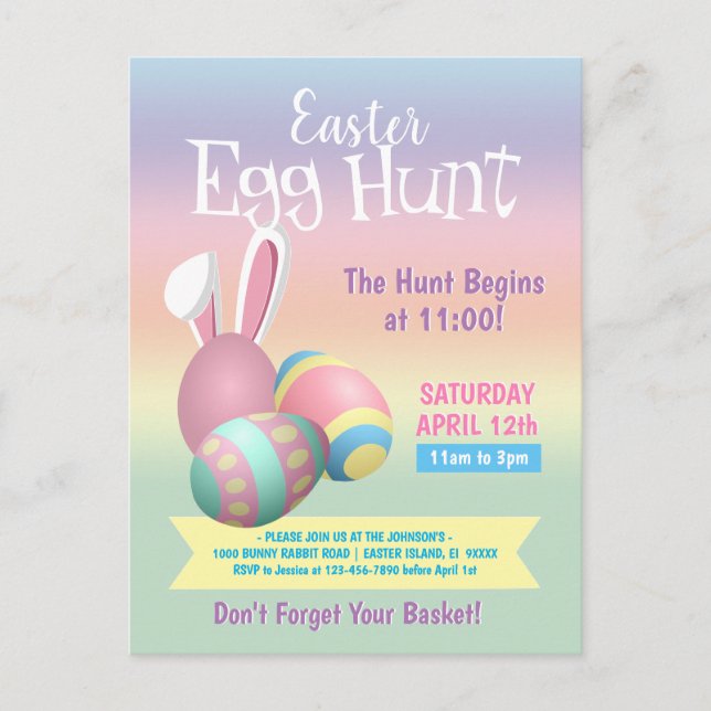 Colourful Pastel Bunny Ears Easter Egg Hunt Party Postcard (Front)