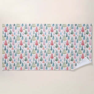 Colourful Pastel Christmas Pine Trees Pattern Beach Towel