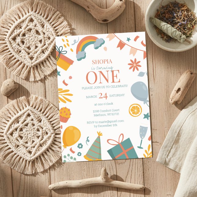 Colourful Pastel Doodle 1st Birthday Invitation  (Creator Uploaded)