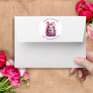 Colourful Pastel Easter Bunny & Watercolor Florals Classic Round Sticker