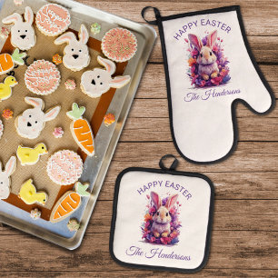 Colourful Pastel Easter Bunny & Watercolor Florals Oven Mitt & Pot Holder Set