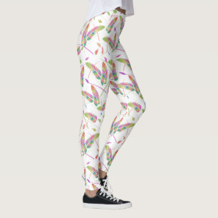 colourful pastel feathers and leaves pattern leggings