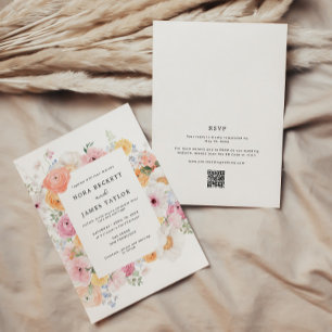 Colourful Pastel Floral Frame QR Code Wedding Invitation