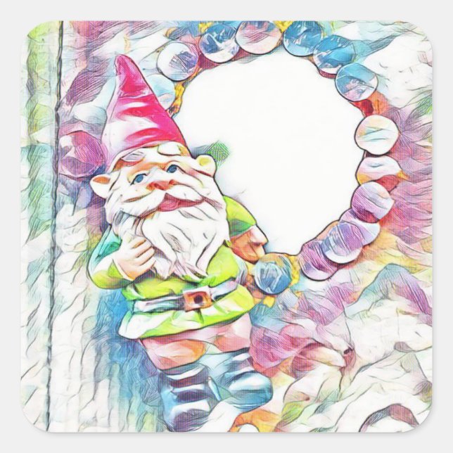 Colourful Pastel Garden Gnome Square Sticker (Front)