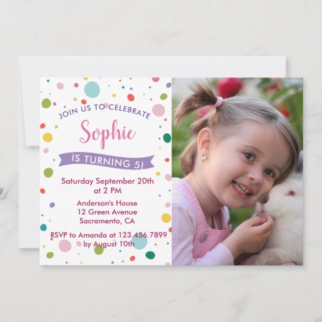 Colourful Pastel Girl 5th Birthday Party Photo Invitation (Front)