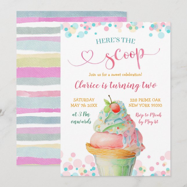 Colourful pastel Here's the Scoop Kid's Birthday Invitation (Front/Back)