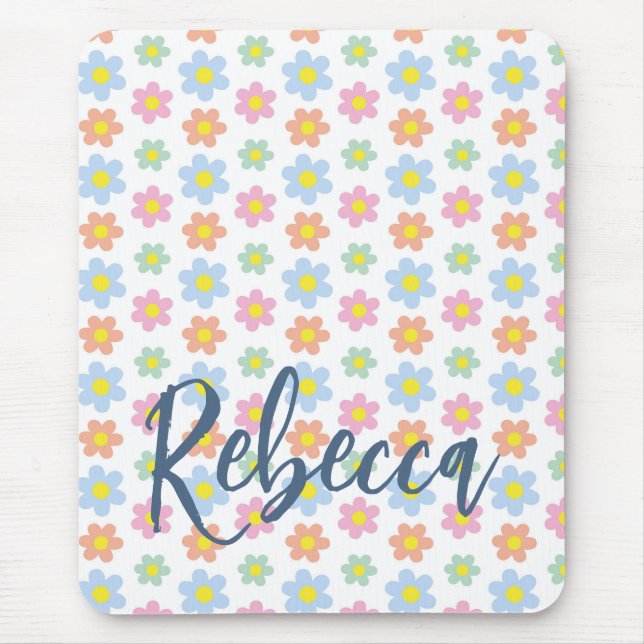 Colourful pastel hippy flowers girly 70s design mouse pad (Front)