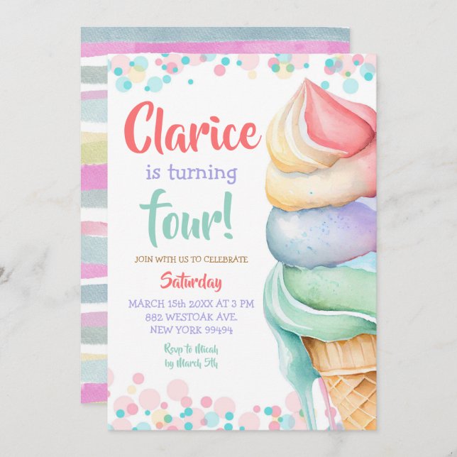 Colourful pastel Ice Cream Birthday Invitation (Front/Back)