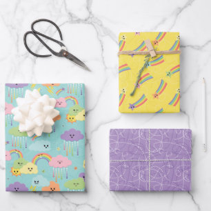 Colourful Pastel Kawaii Clouds Kids Wrapping Paper Sheet
