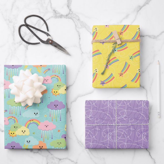 Colourful Pastel Kawaii Clouds Kids Wrapping Paper Sheet (Front)
