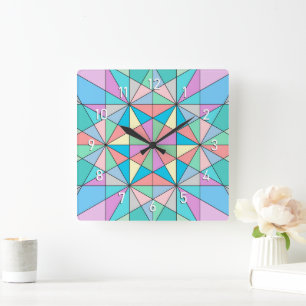 Colourful Pastel Mosaic Triangle Star Pattern Square Wall Clock