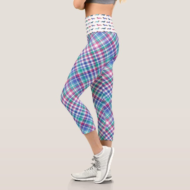 Colourful Pastel Plaid with Dachshund Waist Capri Leggings (Left)