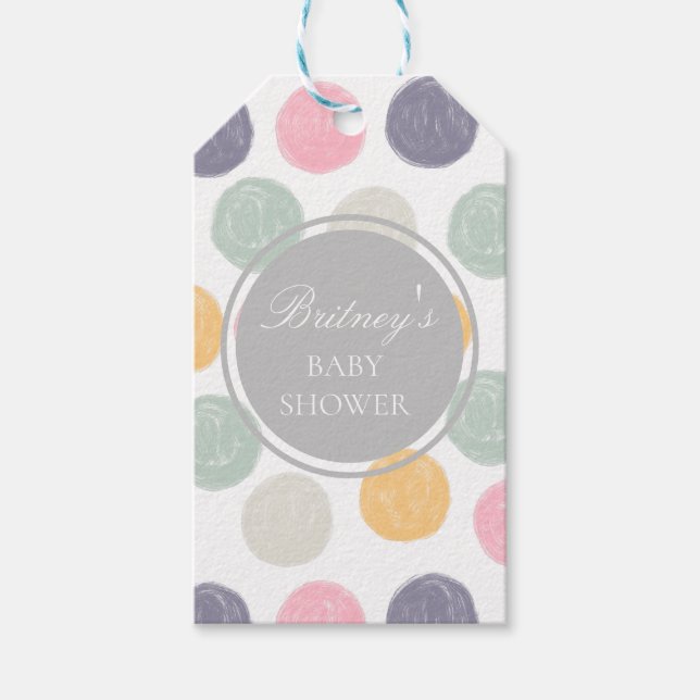 colourful pastel polka dot baby shower favour tag (Front)