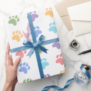 Colourful Pastel Rainbow Colours Dog Paws Pattern Wrapping Paper