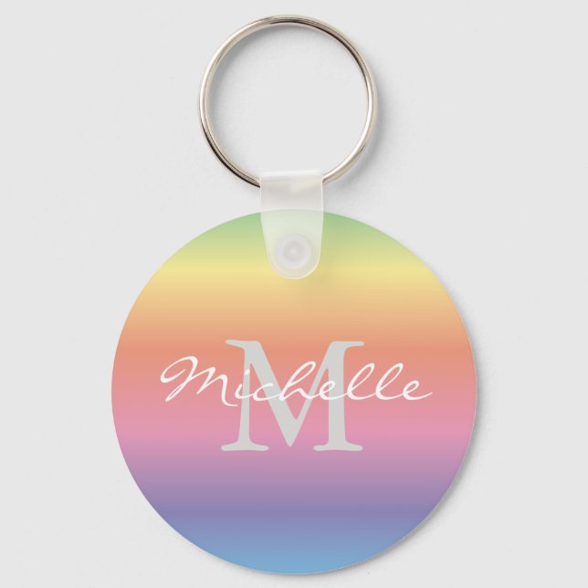Colourful Pastel Rainbow Gradient Colours Monogram Key Ring (Front)