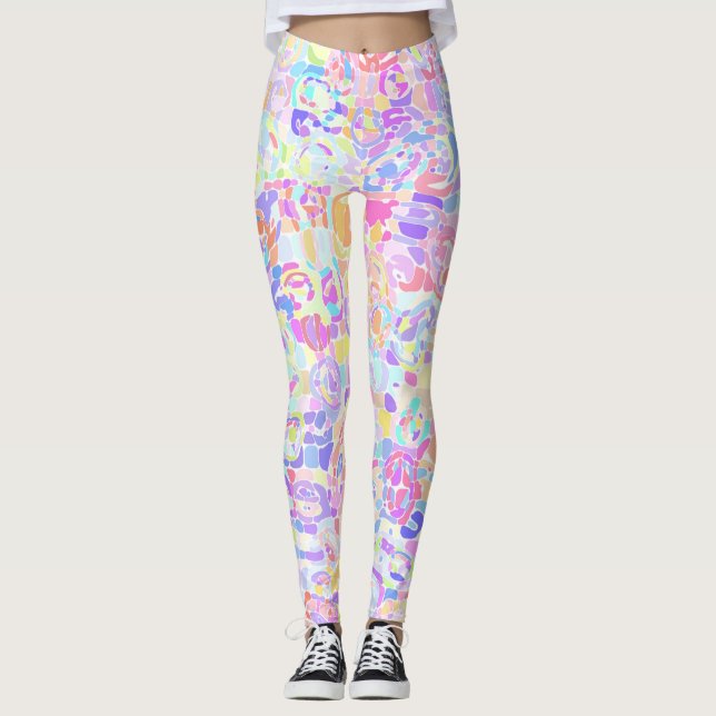 Colourful Pastel Rainbow Quirky Boho Blob Mosaic Leggings (Front)